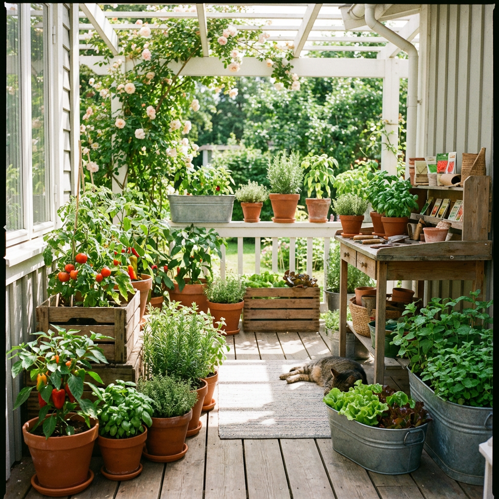 Thriving container garden on a porch with tomatoes, peppers, herbs, and a napping cat.