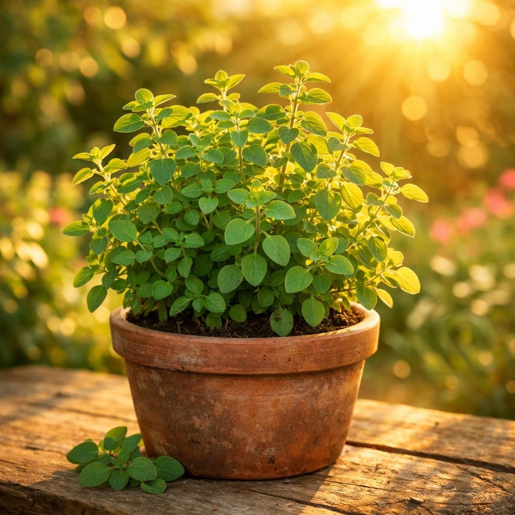 Green oregano plant in terracotta pot on wooden surface with sunlight
