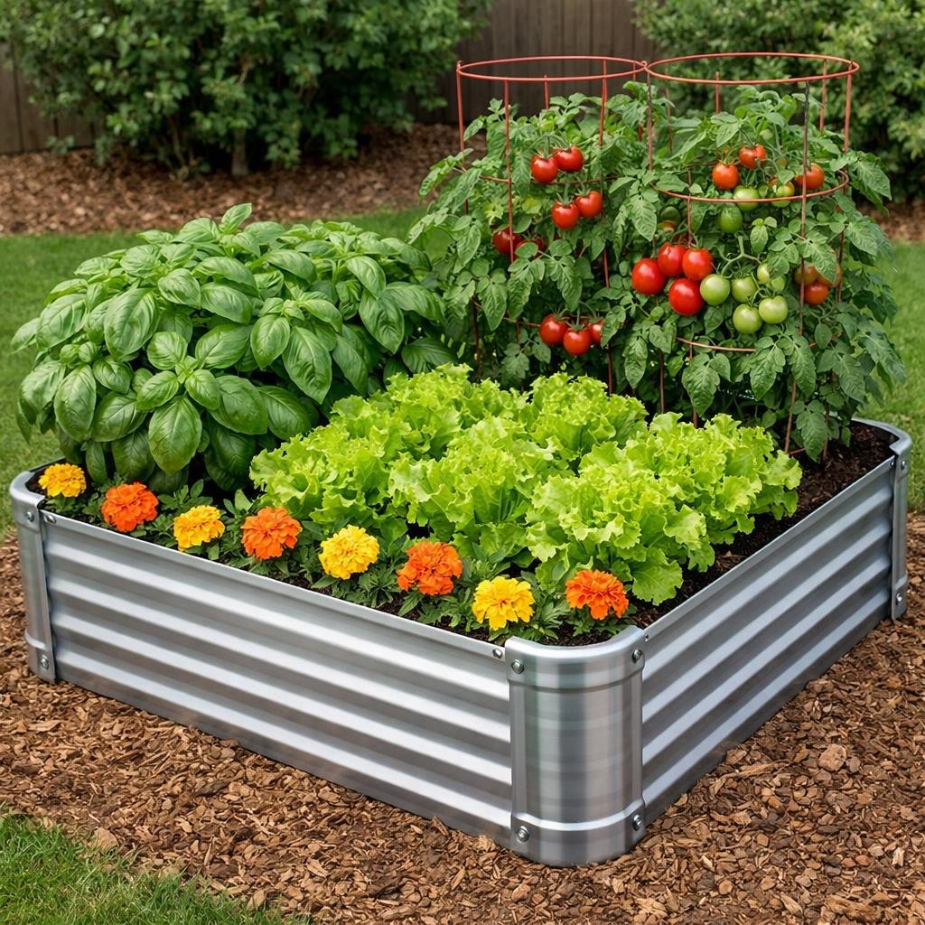 Raised garden bed with tomato plants, basil, lettuce, and marigold flowers