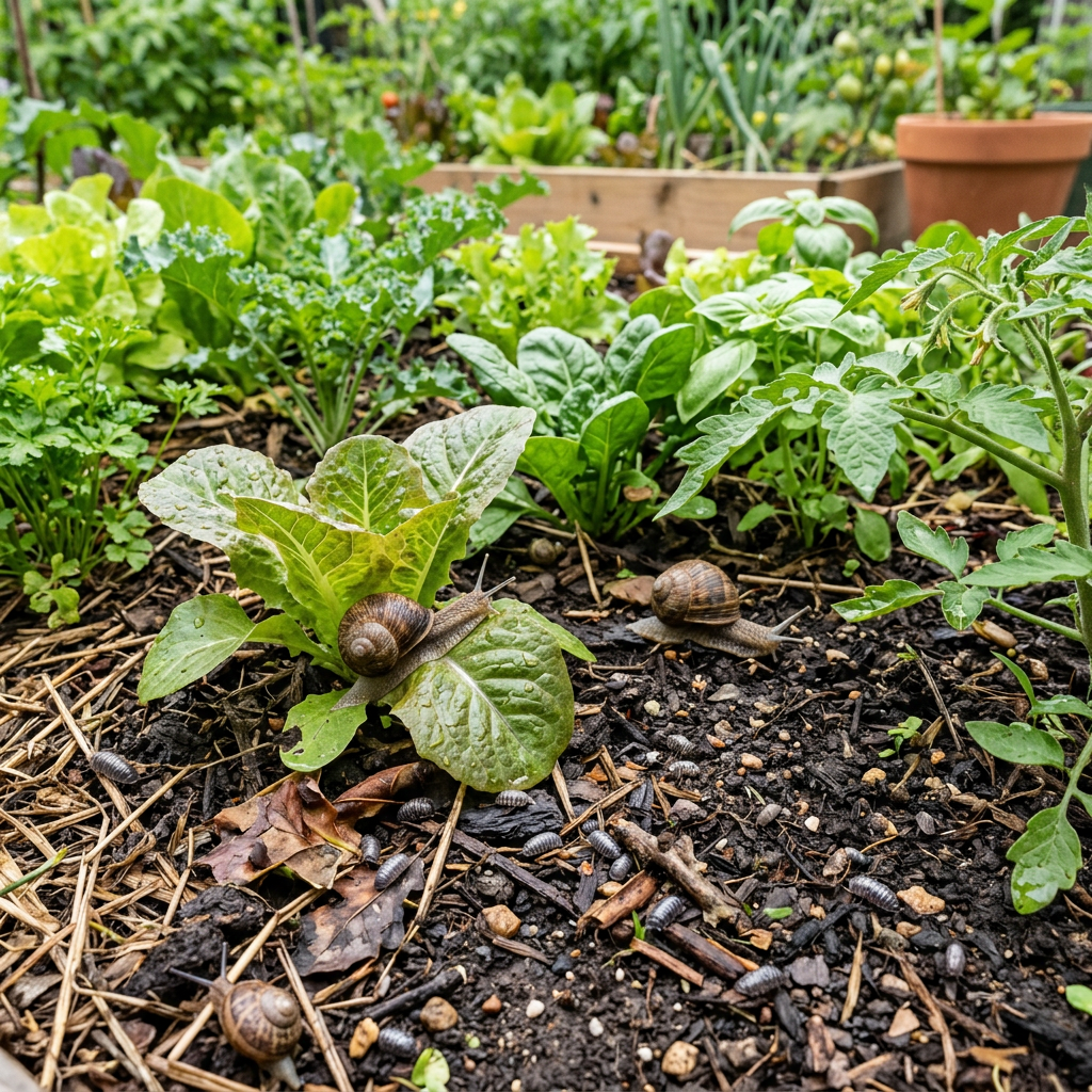 Several snails crawling on leafy vegetable plants in a garden bed with soil and mulch